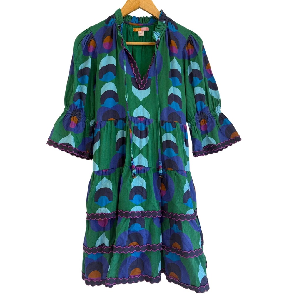 Briton Court Green Abstract Geometric Tiered Mini Dress XS Cotton Beaded Tassel